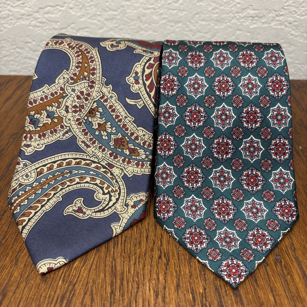 Set Of 2 Kuppenheimer Tall Man 100% Italian Silk Neck Ties Paisley Navy Green